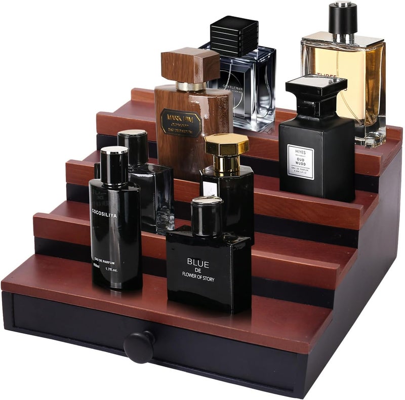 Fengligoo منظم عطور للرجال - حامل عرض عطور خشبي أسود من الجوز بأربعة مستويات مع درج وحيز مخفي، رف لحفظ العطور للرجال لتنظيم وتخزين، أسود من الجوز - Image 1